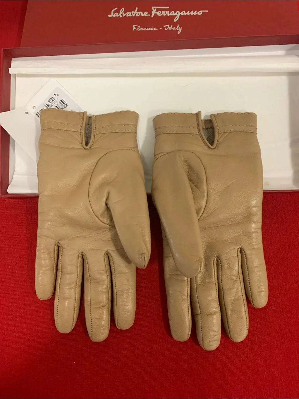 EUC Salvatore Ferragamo Tan Leather Gloves with Gold Gancini Details